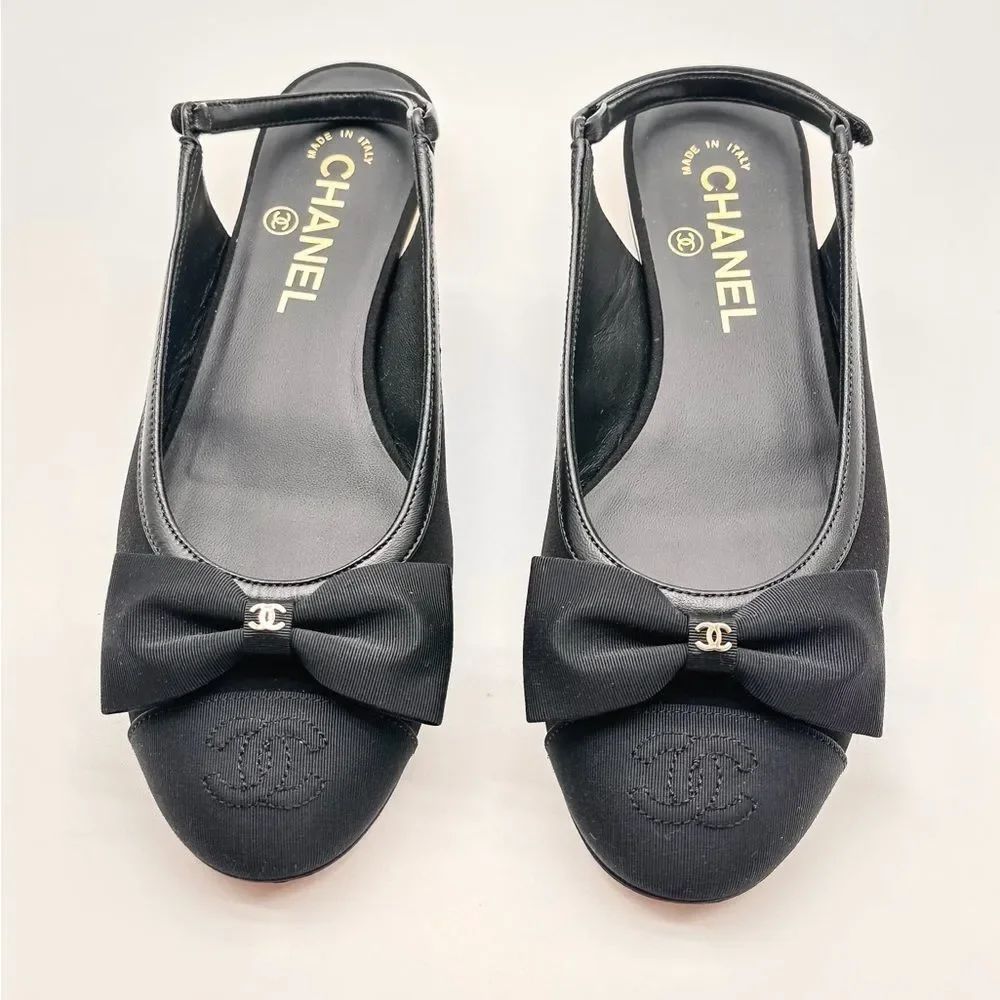 Chanel 2024 CC Logo Black Bow Grosgrain Slingback Ballerina Flats EU 37